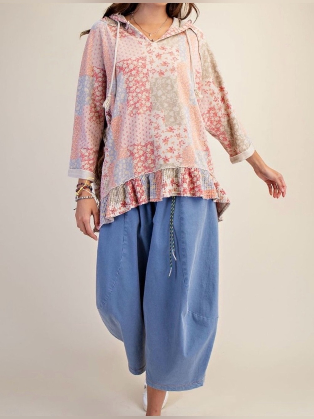 Patchwork Floral Hoodie Top - Pastel Pink Mix - Picture 5 of 10